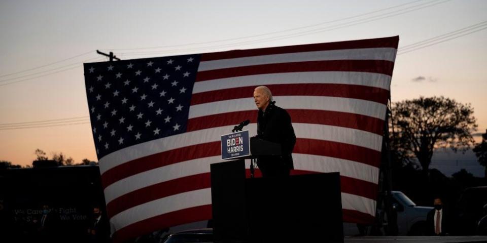Democratic Presidential candidate and former US Vice President Joe Biden speaks at a car rally at the Michigan State Fairgrounds in Detroit, Michigan