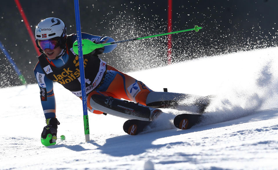 Henrik Kristoffersen of Norway competes during the first run of an alpine ski, men's World Cup slalom in Kranjska Gora, Slovenia, Sunday, March 9, 2014. (AP Photo/Giovanni Auletta)