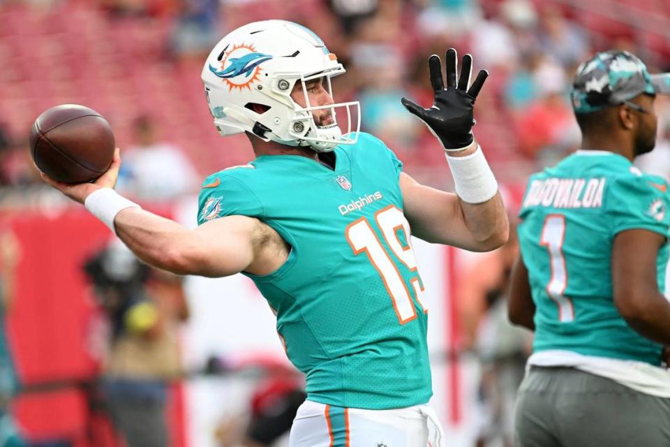 Miami Dolphins quarterback Skylar Thompson (19) warms up before an NFL preseason football game against the Tampa Bay Buccaneers Saturday, Aug. 13, 2022, in Tampa, Fla. (AP Photo/Jason Behnken)