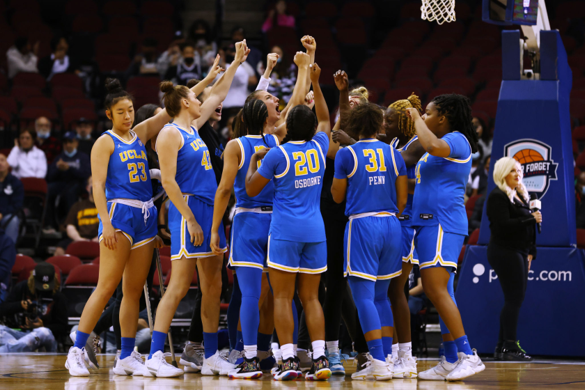 NEWARK, NJ - DECEMBER 11: The UCLA Bruins huddle before a game against the Connecticut Huskies.
