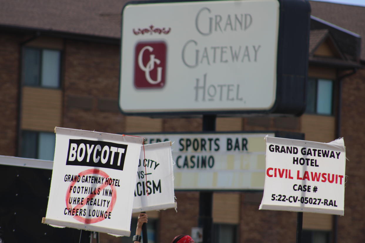 Protests organized by NDN Collective were held for three months at the Grand Gateway Hotel in Rapid City, South Dakota. (Photo by Darren Thompson for Native News Online)