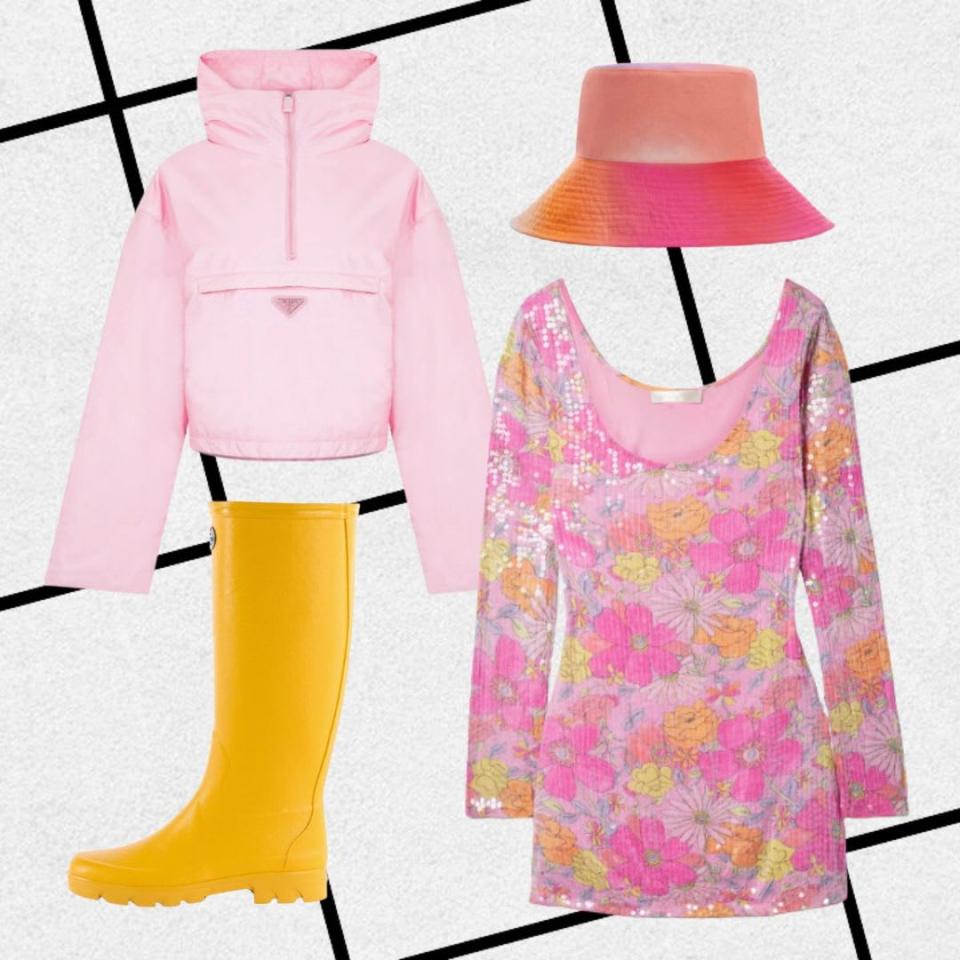 Festival outfit with pink jacket, sequin mini dress, bucket hat and yellow wellies
