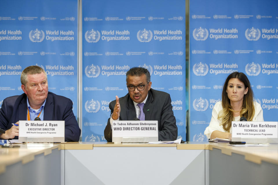 From the World Health Organization, pictured here in March, from left: Michael Ryan, Tedros Adhanom Ghebreyesus and Maria van Kerkhove, who made the statement. (Salvatore Di Nolfi/Keystone via AP)