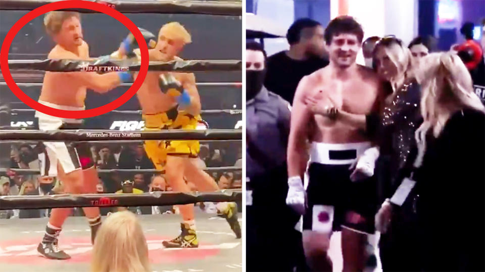 Jake Paul (pictured left) knocking out Ben Askren and Askren smiling with his wife (pictured right) after the fight.