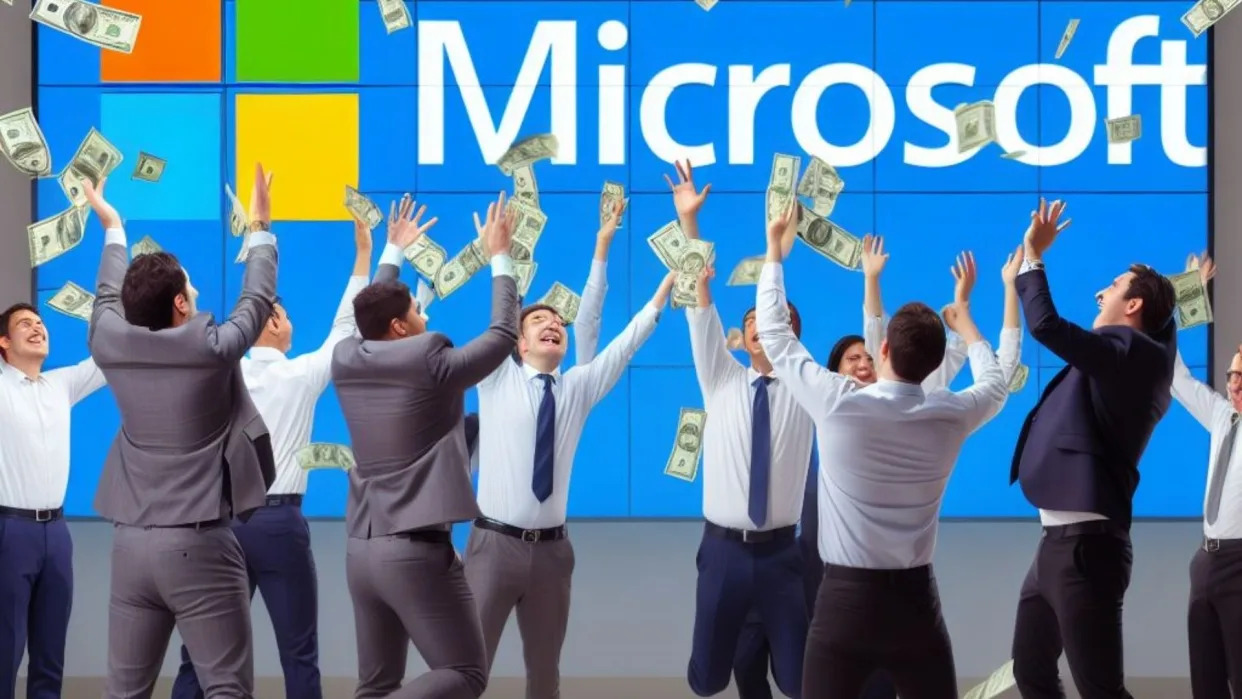 Microsoft employees throwing cash in the air.