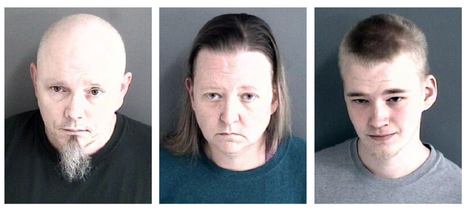 This combo of booking images provided by the Story County, Iowa, Sheriff’s Office, show, from left, Gary Graham Jr., 44, Danielle Graham, 42, Aaron Williams, 20, all from Zearing, Iowa, were charged Monday, March 18, 2024, with first-degree kidnapping and willful injury. A fourth member, a 16-year-old girl, was not named. They are accused of abducting and abusing an 18-year-old relative who had been handcuffed to a bed, beaten so badly that he had brain bleeding and multiple broken ribs, and was so malnourished that he weighed just 70 pounds (32 kilograms) when he showed up at a hospital earlier this year, court documents say. (Story County Sheriff’s Office via AP)