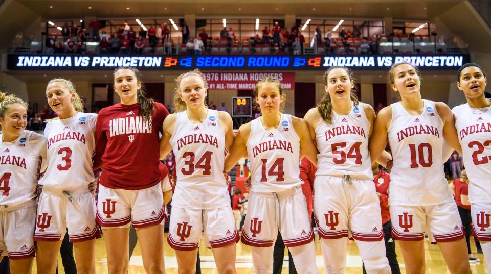 The Hoosiers sing the alma mater  after winning the Indiana versus Princeton women's NCAA second round game at Simon Skjodt Assembly Hall on Monday, March 21, 2022.