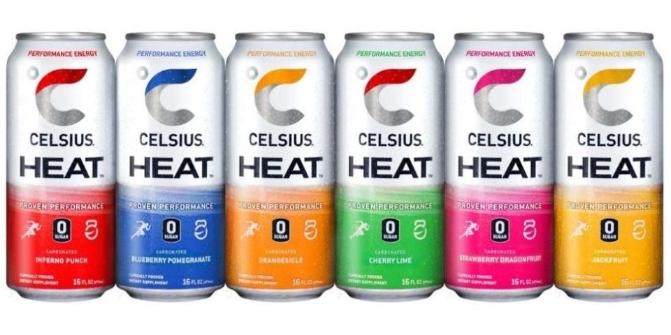 Cans of Celsius Heat energy drinks are seen in flavors including blueberry pomegranate, inferno punch, cherry lime, and jackfruit.