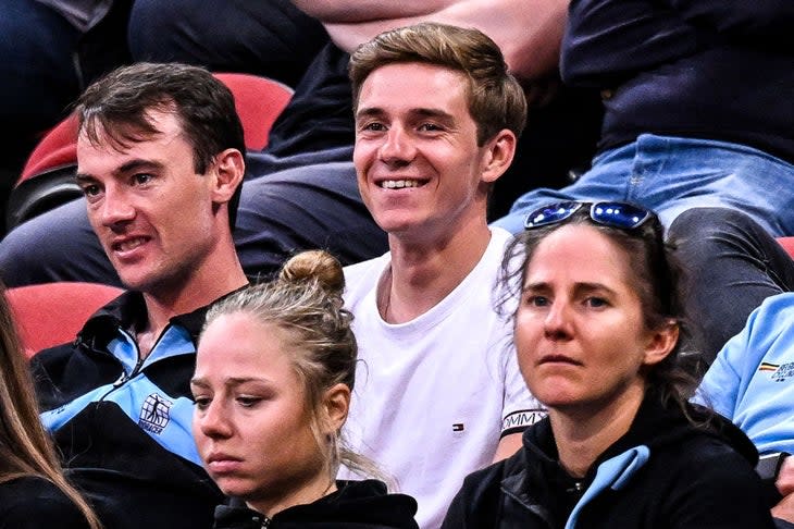<span class="article__caption">Remco Evenepoel attends a women’s basketball game before returning to Belgium.</span> (Photo: WILLIAM WEST/AFP via Getty Images)