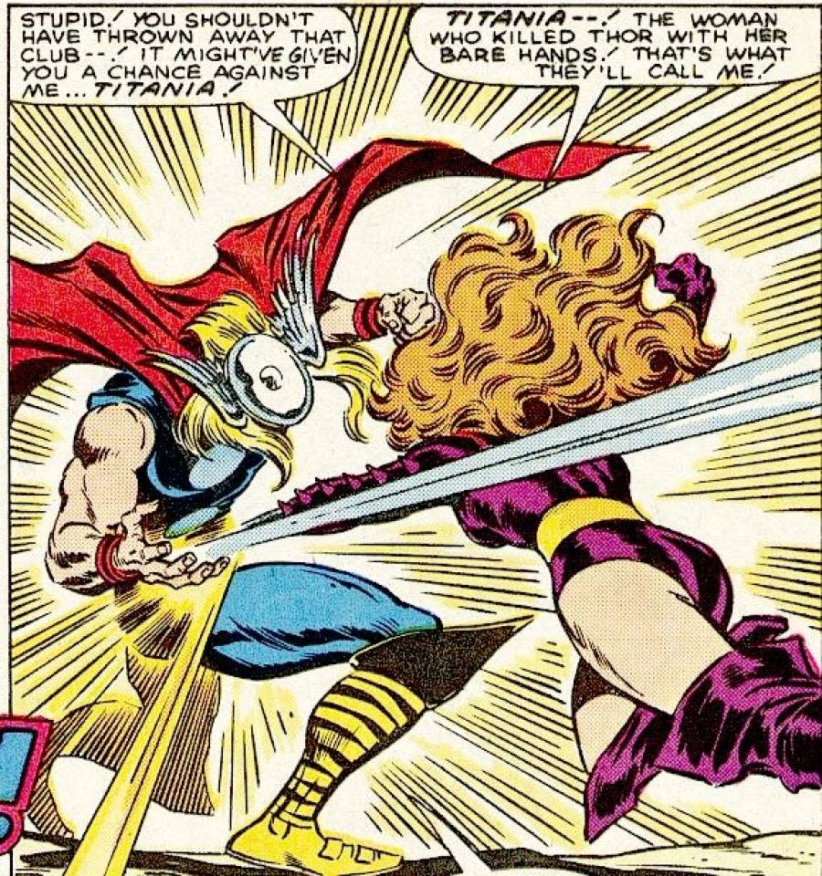 Thor battles Titania, who punches him in the stomach