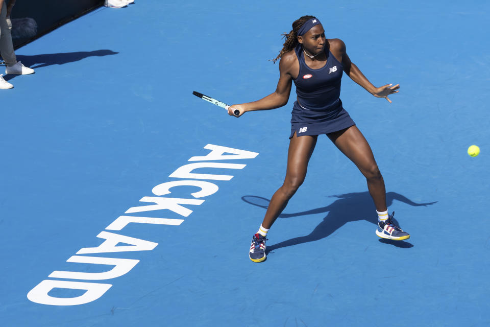 Coco Gauff of the U.S. plays during her women's singles match against her compatriot Claire Liu at the ASB Classic tennis tournament in Auckland, New Zealand, Tuesday, Jan. 2, 2024. (Brett Phibbs/Photosport via AP)