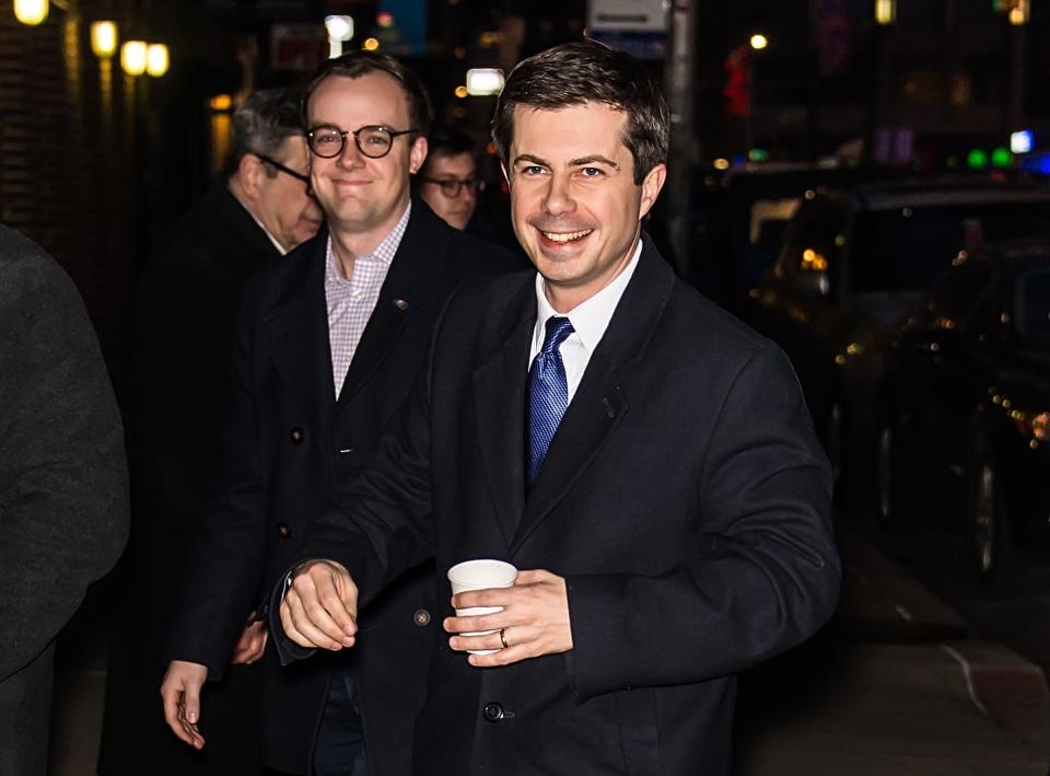 Pete Buttigieg (R) and husband Chasten Glezman, are seen arriving at "The Late Show With Stephen Colbert" at the Ed Sullivan Theater on Feb. 14, 2019, in New York City. (Photo: Gilbert Carrasquillo via Getty Images)