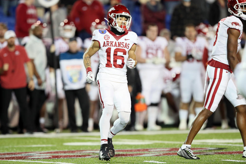 Dec 28, 2022; Memphis, TN, USA; Arkansas Razorbacks wide receiver Isaiah Sategna (16) during the fourth quarter against the <a class="link " href="https://sports.yahoo.com/ncaaw/teams/kansas/" data-i13n="sec:content-canvas;subsec:anchor_text;elm:context_link" data-ylk="slk:Kansas Jayhawks;sec:content-canvas;subsec:anchor_text;elm:context_link;itc:0">Kansas Jayhawks</a> in the 2022 Liberty Bowl at Liberty Bowl Memorial Stadium. Arkansas won 55-53. Mandatory Credit: Nelson Chenault-USA TODAY Sports