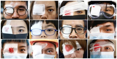 A combination picture shows anti-extradition bill protesters wearing an eyepatch, in reference to a demonstrator that was injured at previous day's clashes with police during a protest inside the airport terminal in Hong Kong