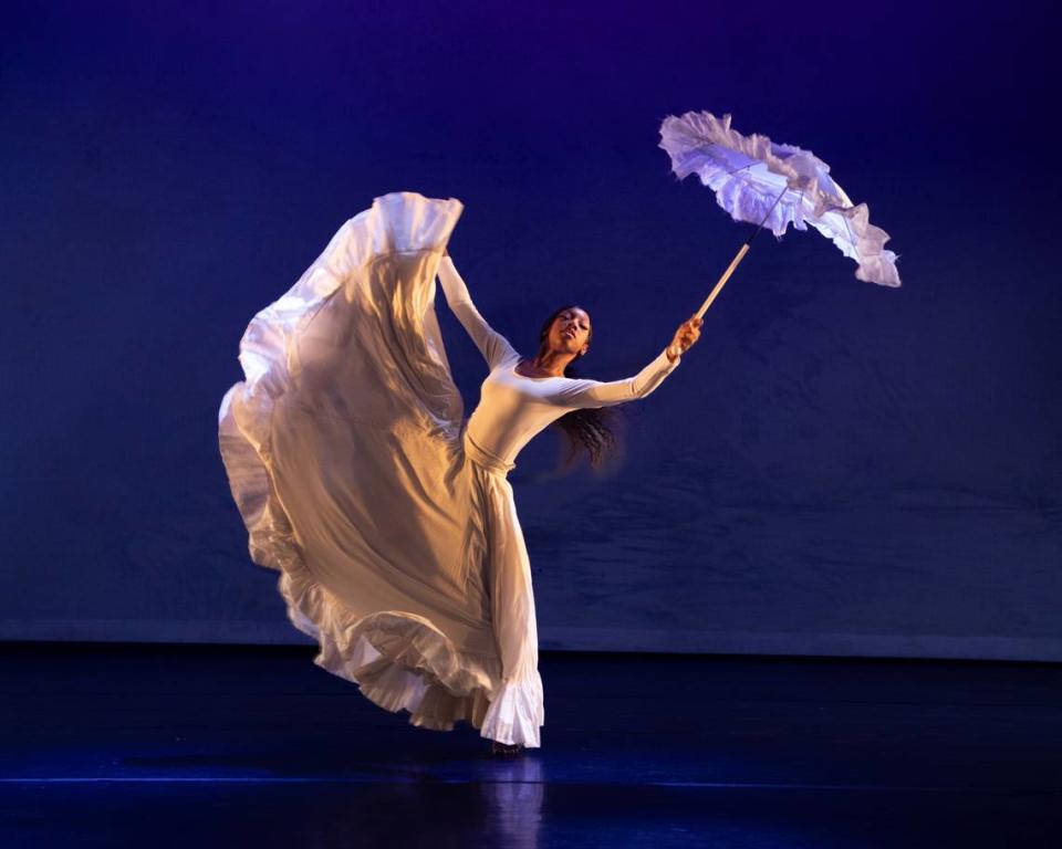 A dancer performs in Brévo Theatre’s “Emancipation Blues,” a ballet that pays tribute to blues music and African American freedom.