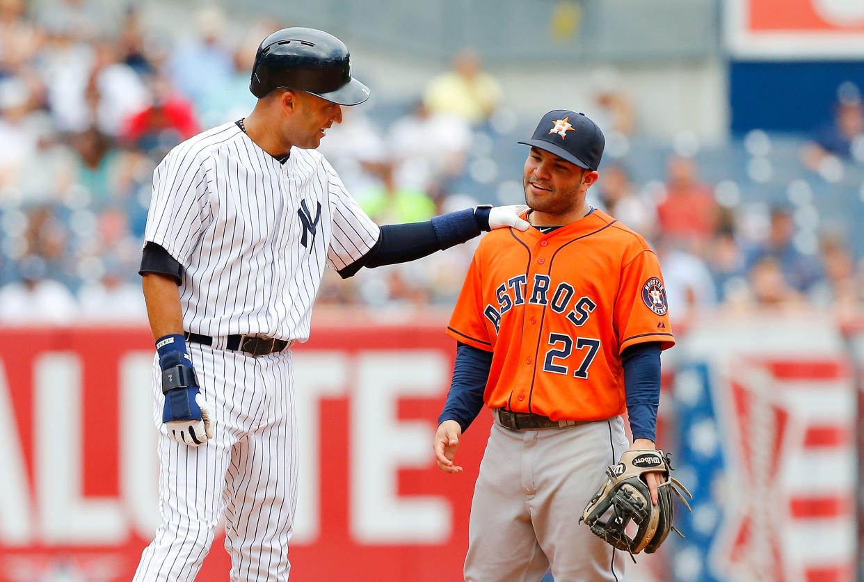 Former Yankees star Derek Jeter (left) and current Astros star Jose Altuve are the faces of two different eras of baseball's dominant playoff performers. (Photo by Jim McIsaac/Getty Images)