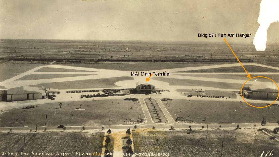 A 1930 aerial photograph shows Pan American Airway’s original terminal, at center, off Northwest 36th Street at what is now Miami International Airport. A 1927 Pan Am hangar, at right, is today the sole surviving building from the airport’s beginnings as Pan American Airport.