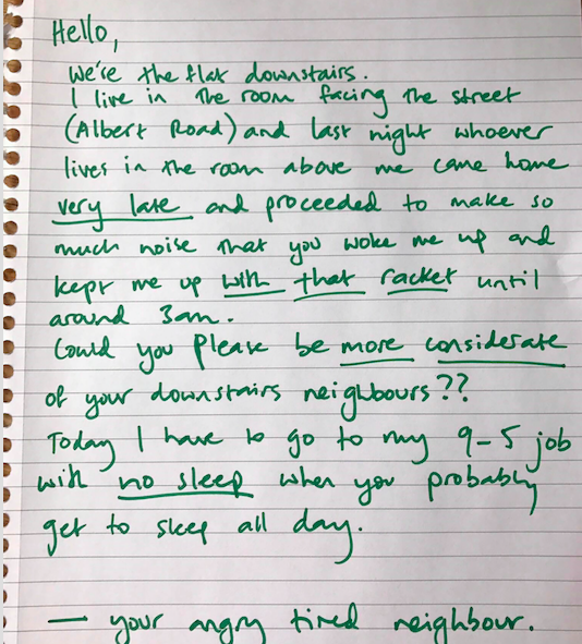 Complaint: Zoe posted a furious note under her neighbour's door (Caters)