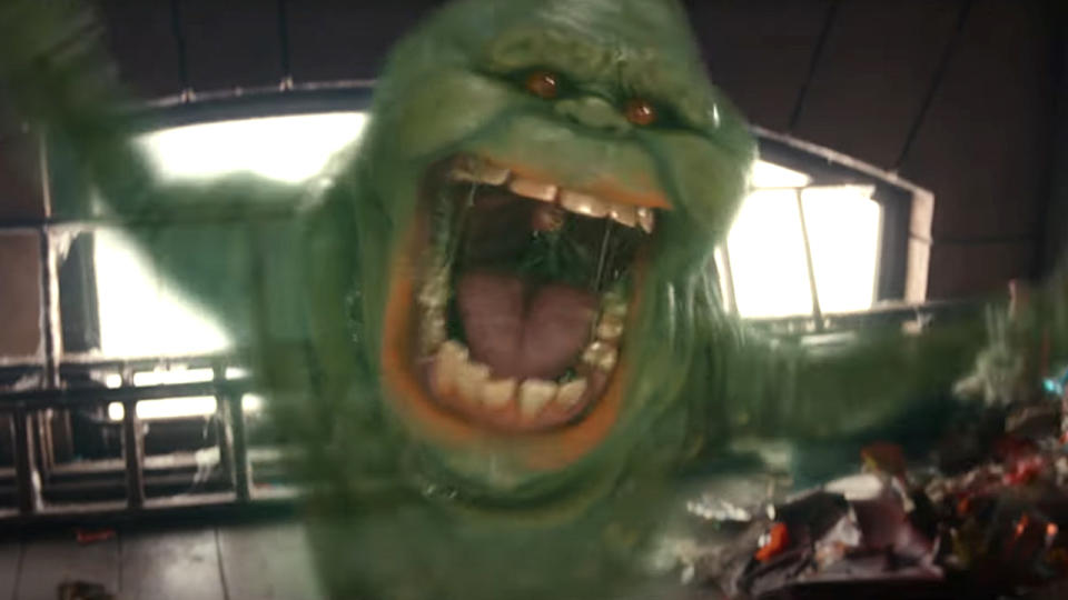 Slimer flying at camera in Ghostbusters: Frozen Empire