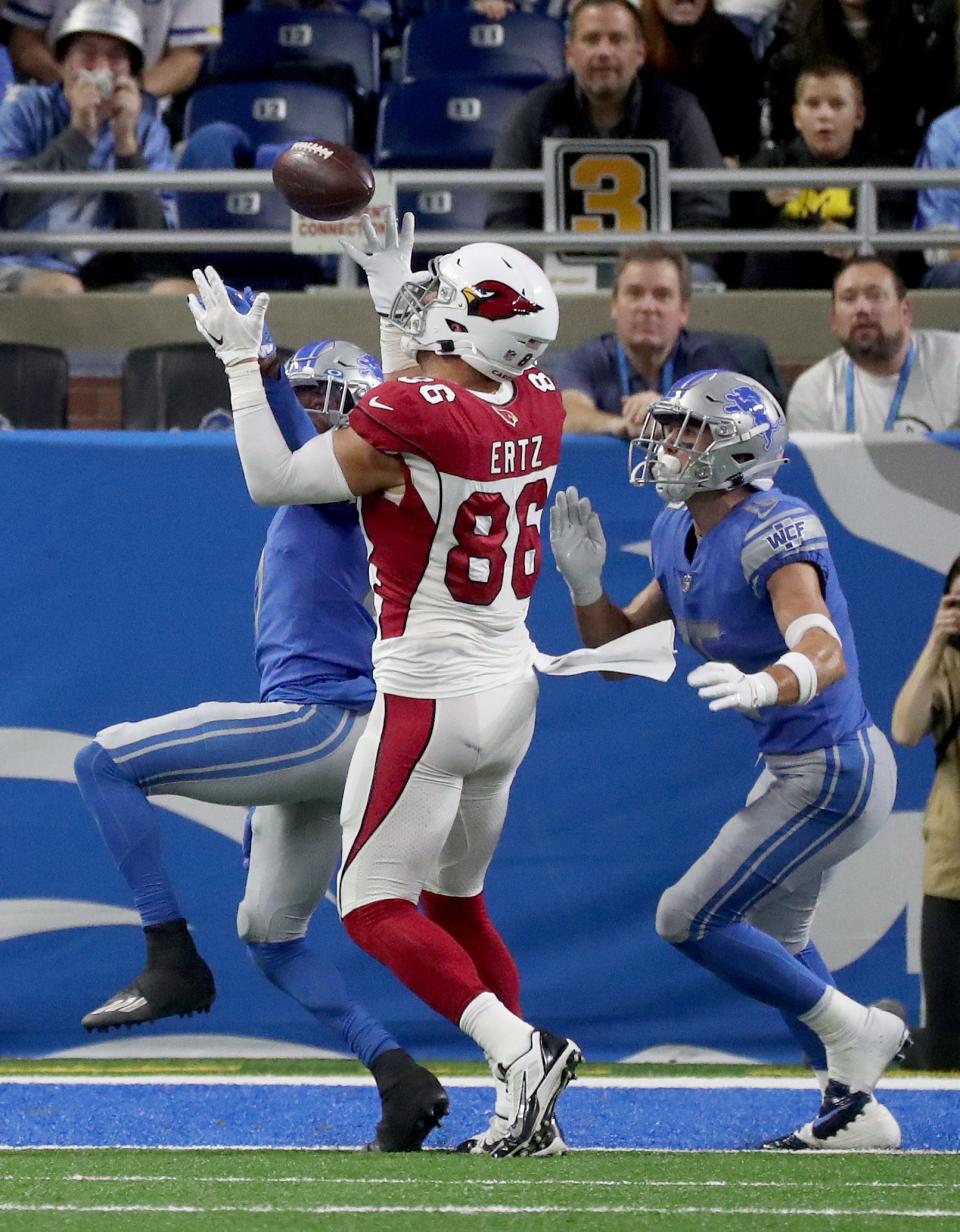 Arizona Cardinals tight end Zach Ertz tries to catch this pass during the second half against the Detroit Lions, Sunday, Dec. 19, 2021, at Ford Field in Detroit.