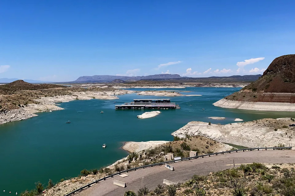 FILE - Low water levels are seen at Elephant Butte Reservoir near Truth or Consequences, N.M., on July 10, 2021. Forecasters with the National Weather Service are delivering good news for cities and farmers who depend on two major rivers in the southwestern U.S. The headwaters of the Rio Grande and the Pecos River recorded some of the best snowfall in years, resulting in spring runoff that will provide a major boost to reservoirs along the rivers. (AP Photo/Susan Montoya Bryan, File)