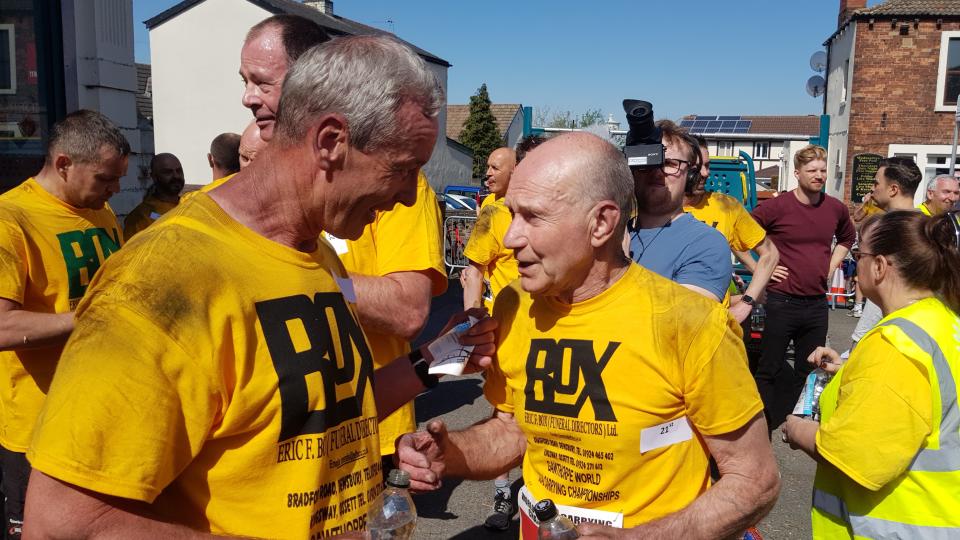 The retired handyman defied the heat to come 21st in the veterans' race in Gawthorpe, West Yorkshire.