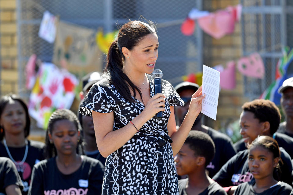 Meghan makes a speech during the engagement at the Nyanga township in Cape Town. [Photo: Getty]