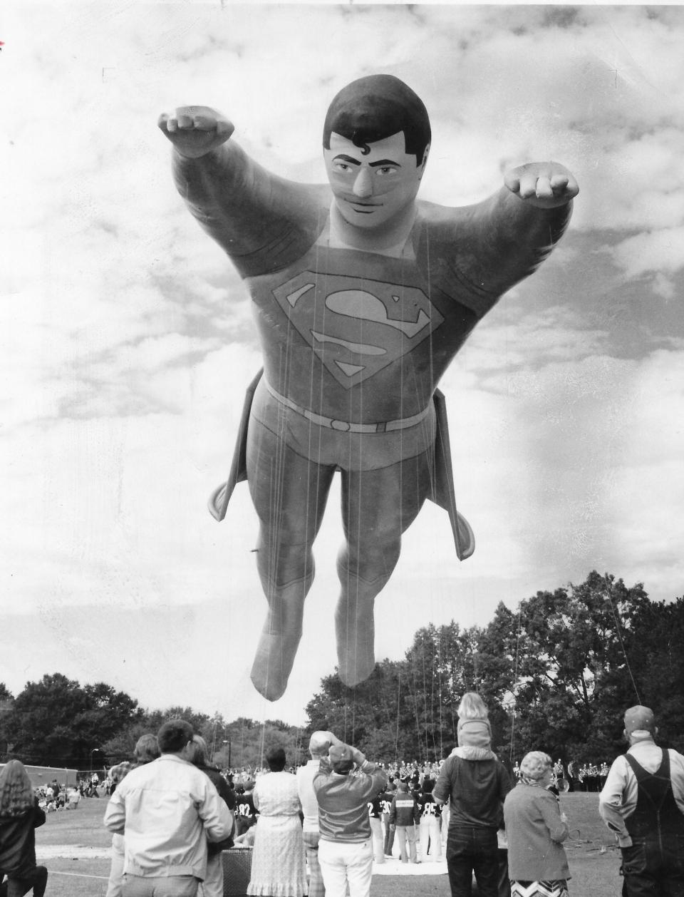 Superman takes a 1980 test flight in Rockmart, Georgia. The 104-foot-long balloon was the last that Goodyear Tire & Rubber Co. built for Macy's Thanksgiving Day Parade in New York.