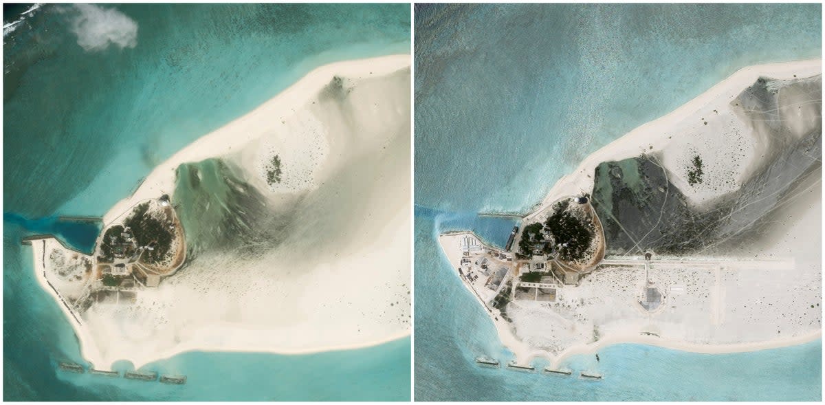 (L) Satellite image of the Triton Island in February 2023 with no airstrip and the image of the island from August with visible runway and other constructions (Planet Labs PBC / AP)