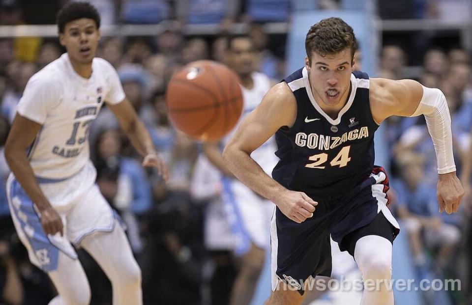 Gonzaga’s Corey Kispert (24) chases a loose ball into the backcourt during the first half against North Carolina on Saturday, December 15, 2018 at the Smith Center in Chapel Hill, N.C.