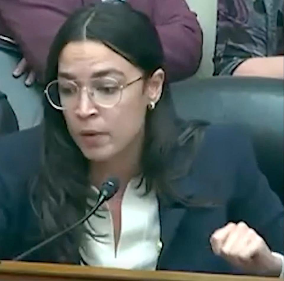 Rep. Alexandria Ocasio-Cortez seen during Thursday’s House Oversight Committee (Independent TV)