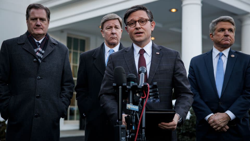 House Speaker Mike Johnson makes a statement alongside Reps. Mike Turner, Mike Rogers and Mike McCaul on January 17, outside the White House. - Samuel Corum/Getty Images