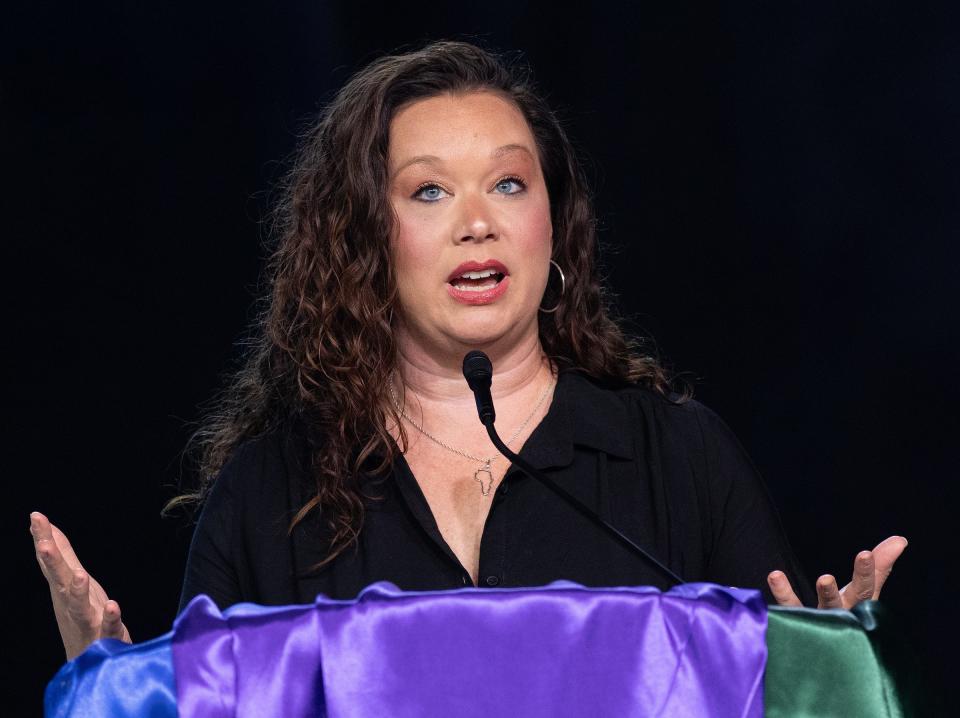 Molly McEntire, Missional Engagement Team Lead for the Florida Conference of the United Methodist Church, speaks as head lay delegate during last week's United Methodist General Conference in Charlotte, North Carolina.