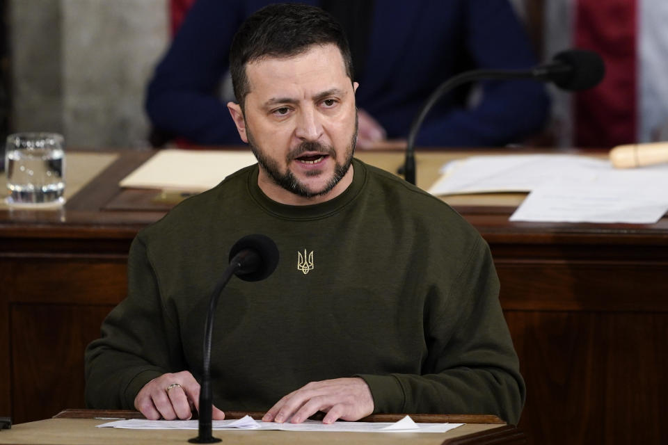 Ukrainian President Volodymyr Zelenskyy addresses a joint meeting of Congress on Capitol Hill in Washington, Wednesday, Dec. 21, 2022. (AP Photo/Carolyn Kaster)