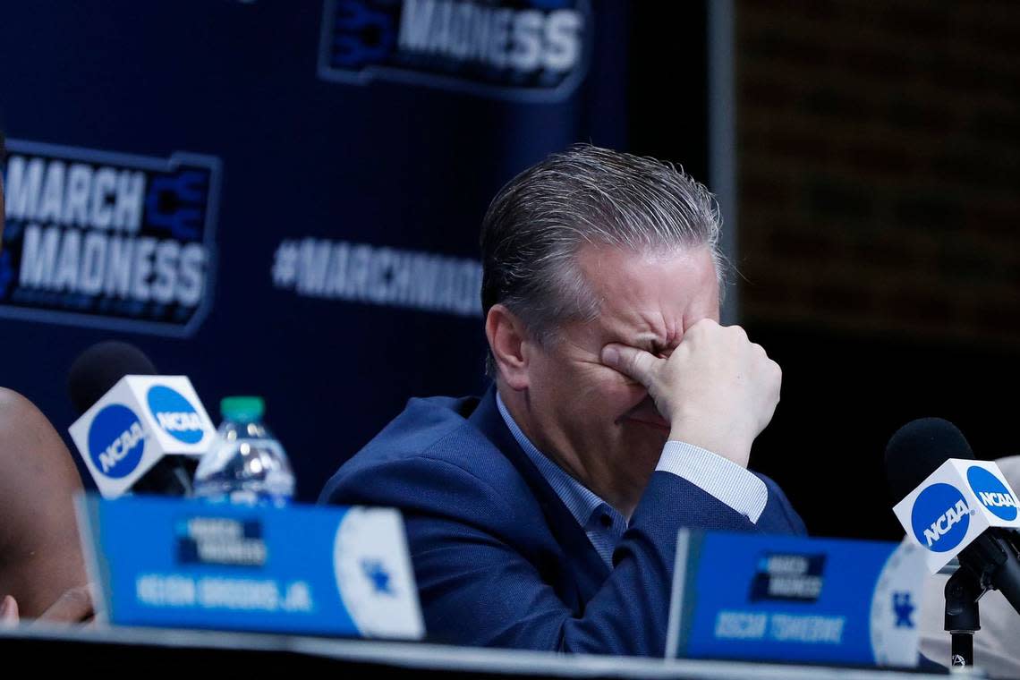 UK coach John Calipari rubs his eyes at a press conference after losing to 15 seed St. Peter’s during the first round of the 2022 NCAA Tournament. Silas Walker/2022 staff file photo