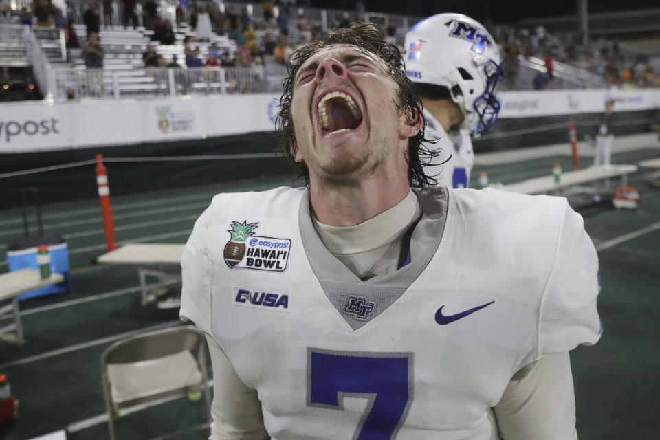 Middle Tennessee's Zeke Rankin (7) reacts on the sideline at the Hawaii Bowl NCAA college football game against San Diego State, Saturday, Dec. 24, 2022, in Honolulu. (AP Photo/Marco Garcia)