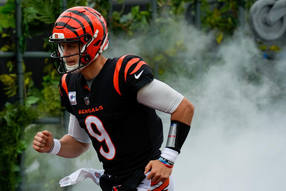 Cincinnati Bengals quarterback Joe Burrow (9) takes the field for the first quarter of the NFL Week 6 game between the Cincinnati Bengals and the Seattle Seahawks at Paycor Stadium in downtown Cincinnati on Sunday, Oct. 15, 2023.