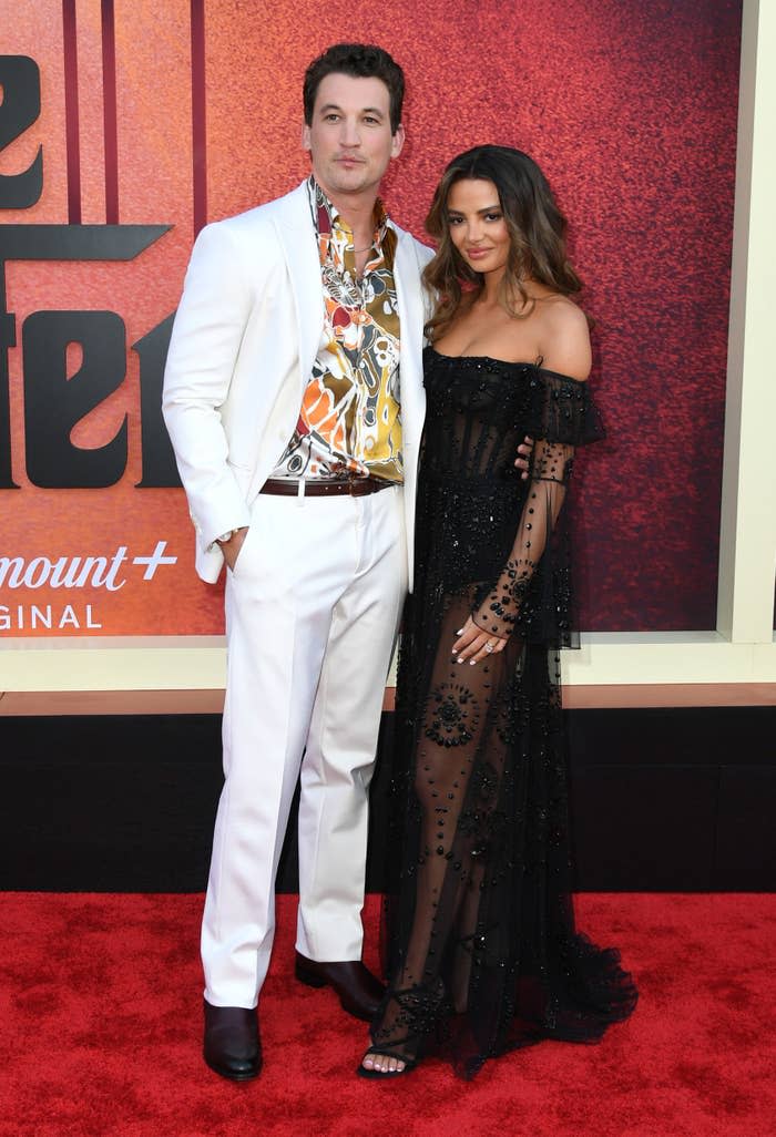 Miles Teller and Keleigh Sperry attend the premier of "The Offer" in April 2022