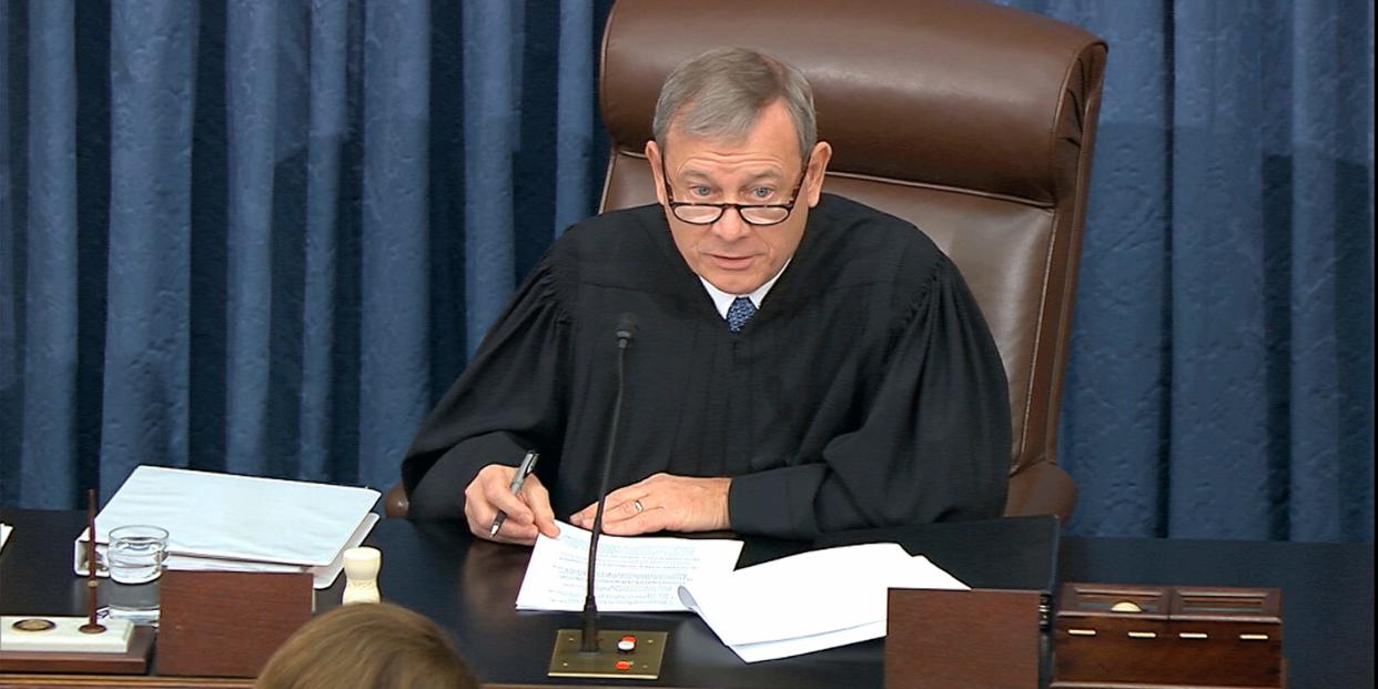 In this image from video, presiding officer Supreme Court Chief Justice John Roberts speaks during the impeachment trial against President Donald Trump in the Senate at the U.S. Capitol in Washington, Tuesday, Jan. 21, 2020. (Senate Television via AP)