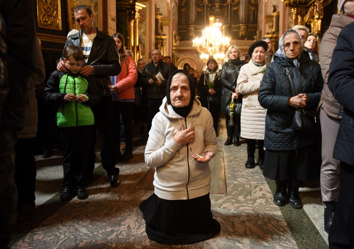 Worshippers take part in an Orthodox Palm Sunday service in Lviv, Ukraine. 