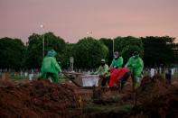 FILE PHOTO: Municipality workers bury the coffin of Ratih Purwarini, a doctor who passed away due to the coronavirus disease (COVID-19), in Jakarta