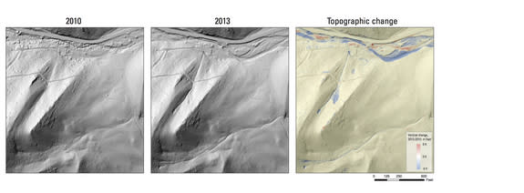 Lidar maps showing a valley before and after the 2013 Colorado floods. The blue areas show lost sediment, and red areas indicate deposition.