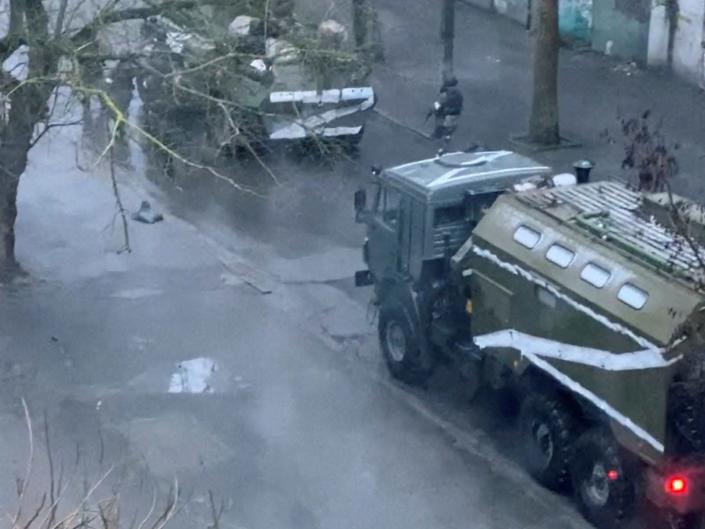 Russian military vehicles with &quot;Z&quot; markings are seen on the street in Kherson, amid Russia&#39;s invasion of Ukraine March 1, 2022,