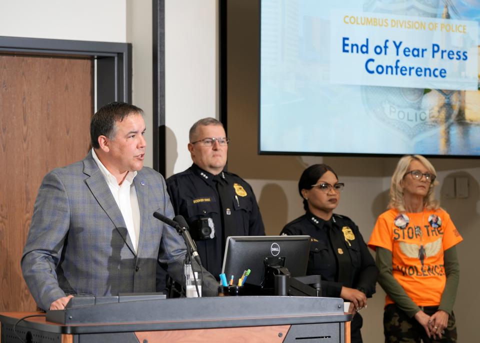 Columbus Mayor Andrew Ginther speaks Thursday, Jan. 11, 2024, during a press conference about 2023 city crime statistics at the James G. Jackson Columbus Police Academy