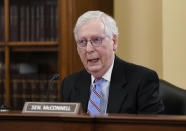 Senate Minority Leader Mitch McConnell, R-Ky., speaks at a Senate Rules Committee markup to argue against the "For the People Act," which would expand access to voting and other voting reforms, at the Capitol in Washington, Tuesday, May 11, 2021. The bill was already passed by Democrats in the House. (AP Photo/J. Scott Applewhite)