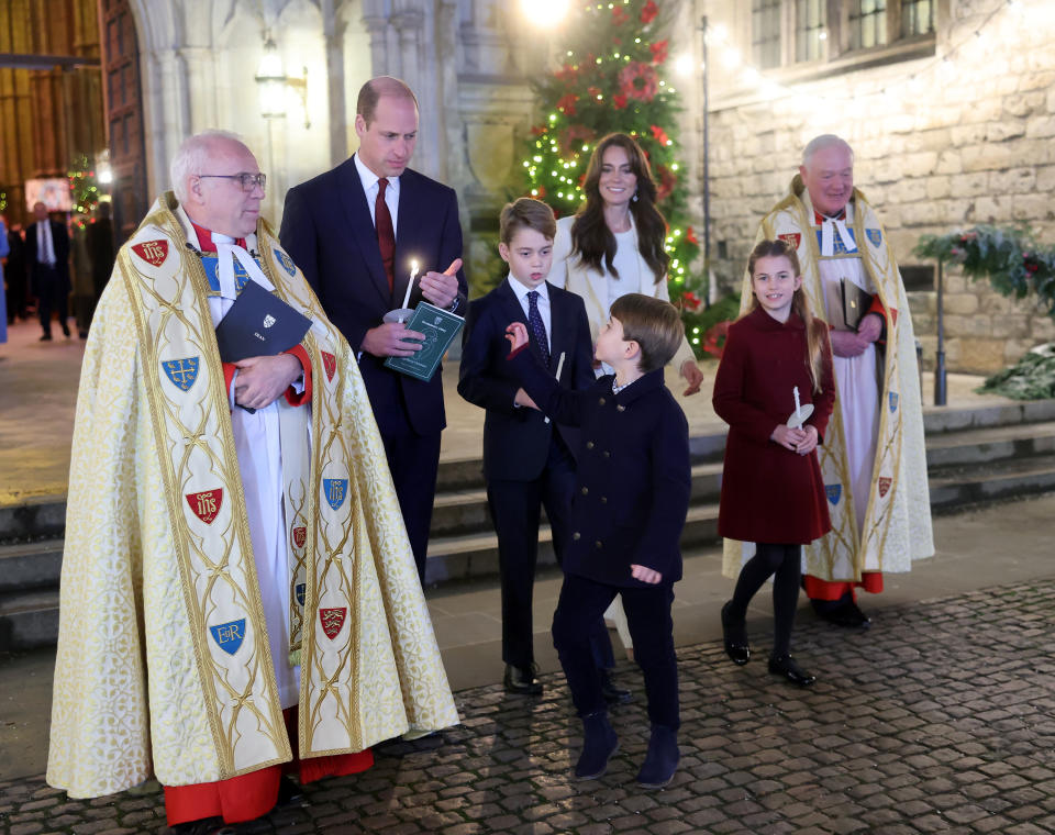 LONDON, ENGLAND - DECEMBER 08: Catherine, Princess of Wales, Prince Louis of Wales, Princess Charlotte of Wales, Prince William, Prince of Wales and Prince George of Wales process out of The 