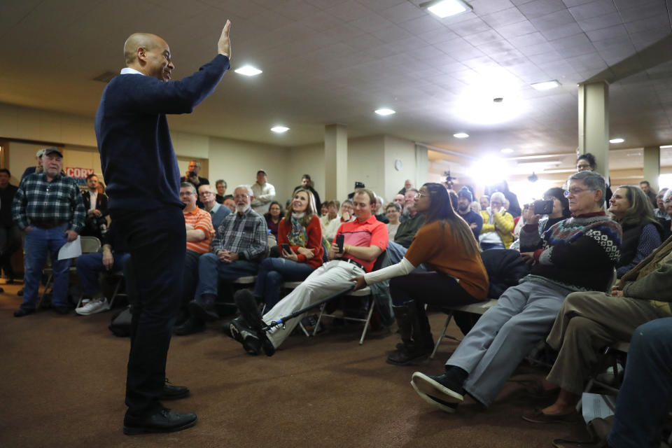 U.S. Sen. Cory Booker, D-N.J., speaks during a meet and greet with local residents at the First Congregational United Church of Christ, Friday, Feb. 8, 2019, in Mason City, Iowa. (AP Photo/Charlie Neibergall)