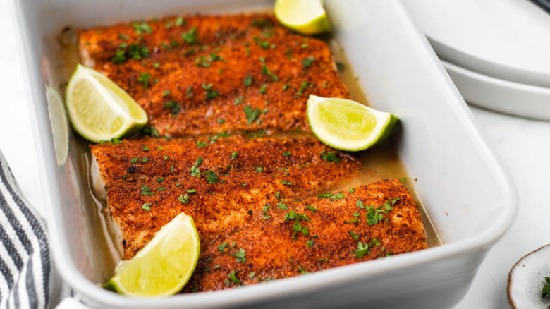 Baked tilapia in oven dish