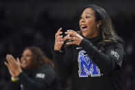 Memphis head coach Katrina Merriweather communicates with players during the first half of an NCAA college basketball game against South Carolina Saturday, Dec. 3, 2022, in Columbia, S.C. (AP Photo/Sean Rayford)