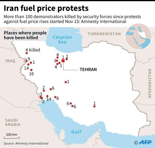 Map of Iran locating places where a combined total of more than 100 demonstrators were believed to have been killed since security forces were ordered to 'crush' protests, according to a report by Amnesty International